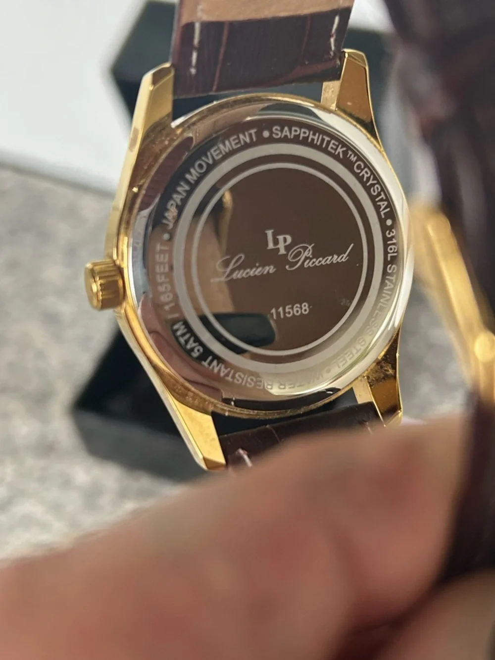Lucien Piccard Gold Tone Case with Brown Strap and White Dial Accents
